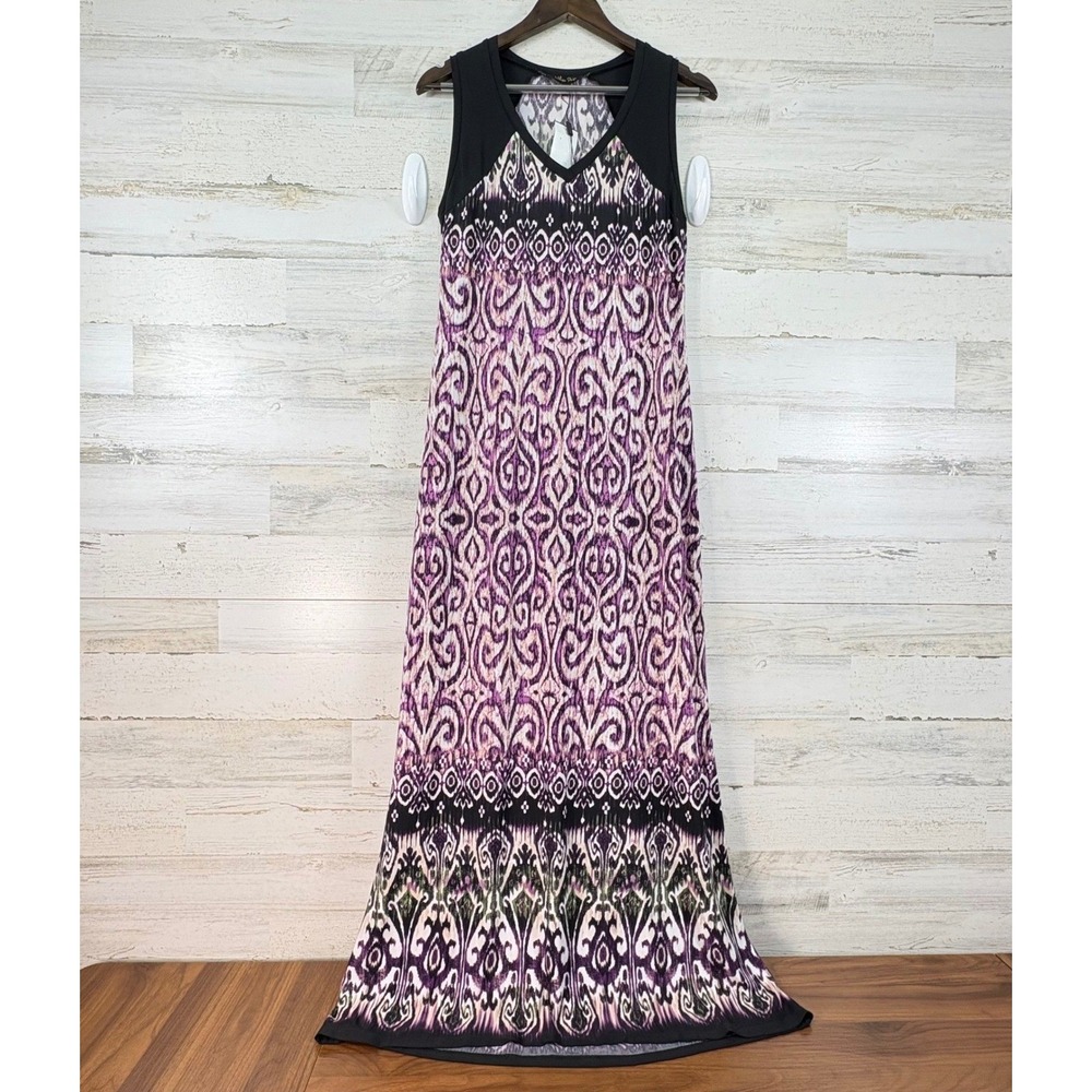 Melissa Paige Womens Purple Black Ikat Damask Print V-Neck Maxi Dress Size M NEW